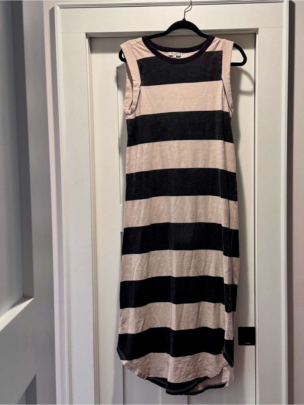 Z Supply Black and Cream Striped Sleeveless Midi Dress